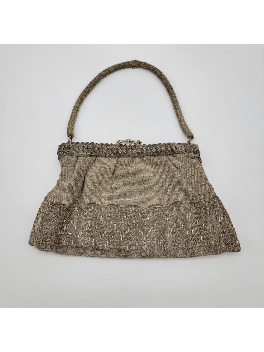 Art Deco Silver-Beaded Evening Bag Rhinestone Clasp